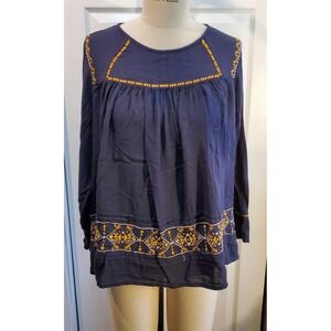 Earthbound Trading Co Boho‎ Peasant Navy Blue Metallic Embroidered Top Size S